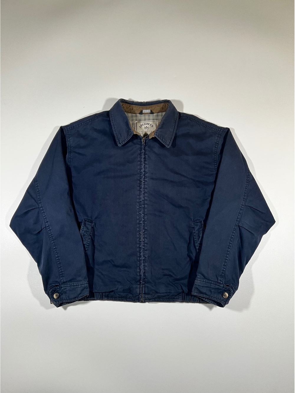 Vintage Aberdeen Collection Navy Harrington Jacket Plaid Lined Zip Up Coat